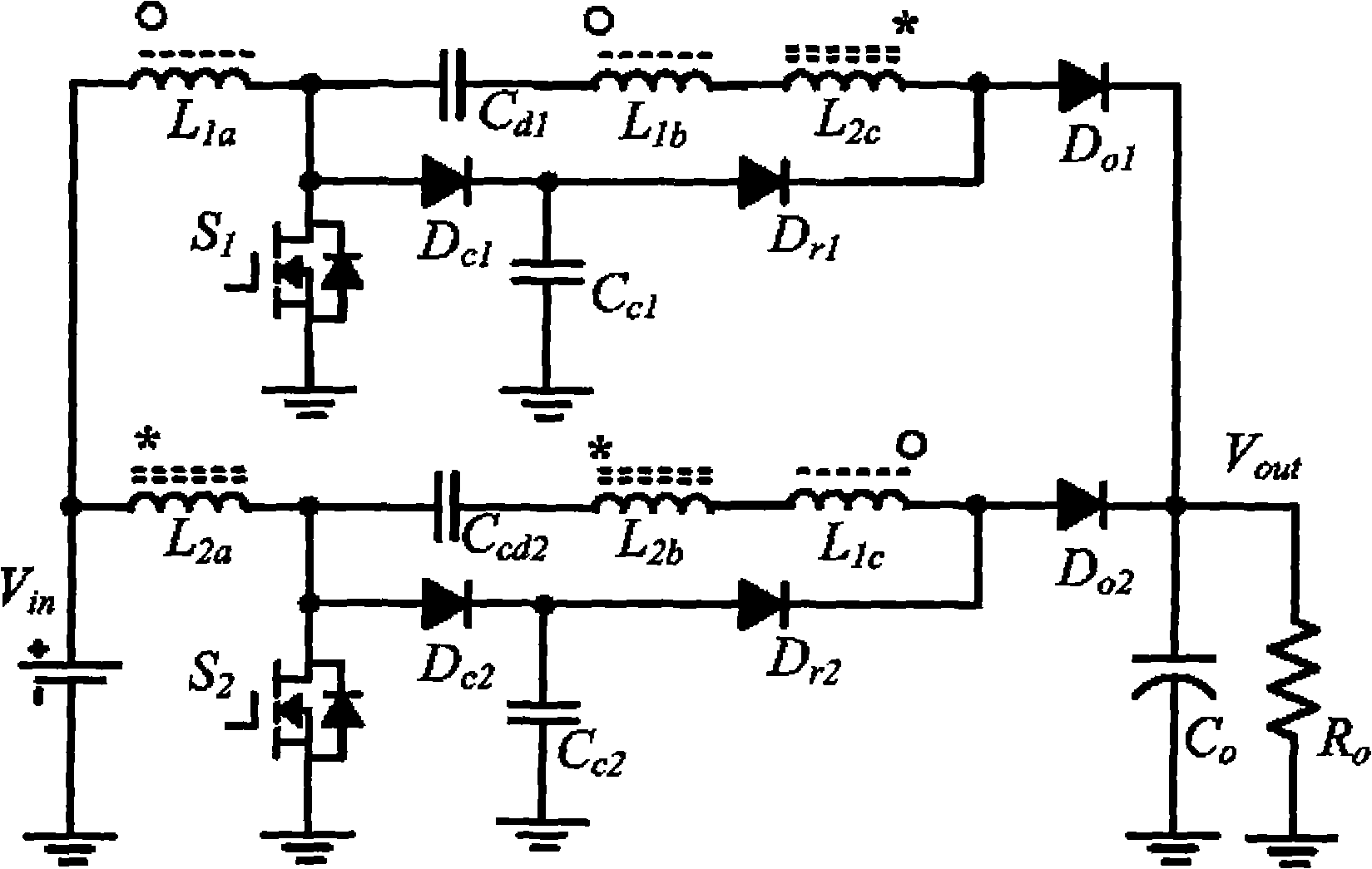 Passive clamping voltage boosting type interleave parallel connection converter implemented by coupling inductance and switch capacitance