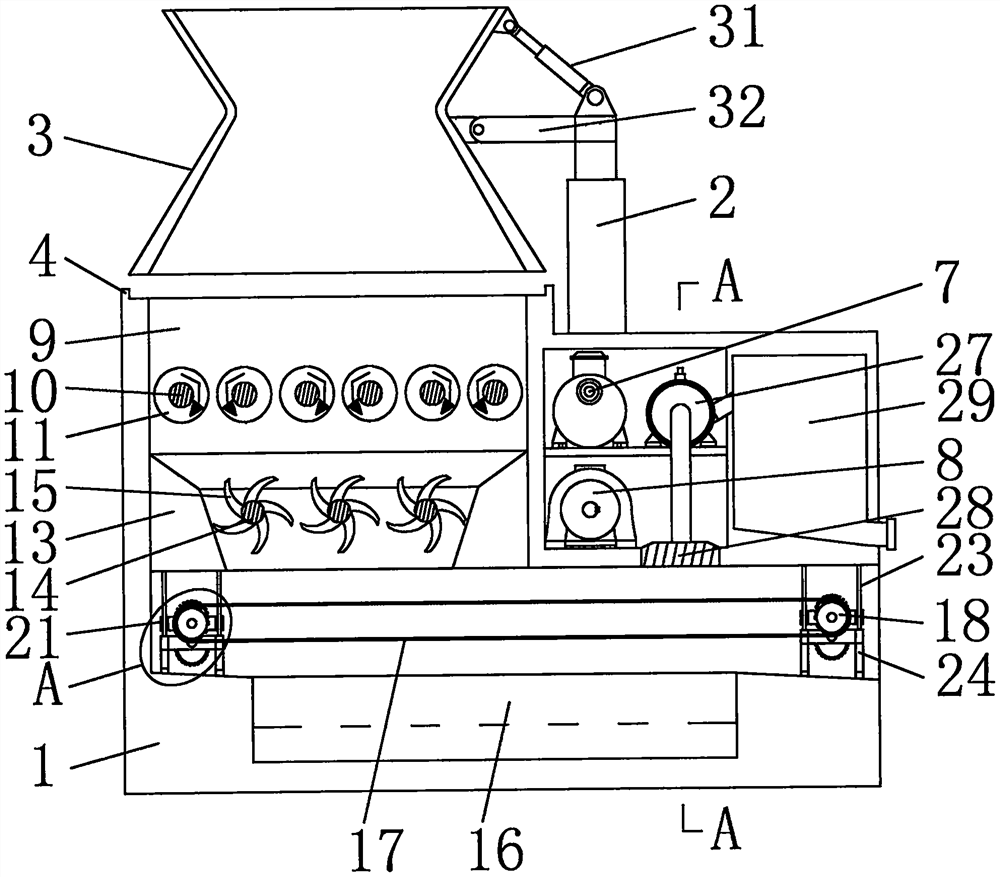 A shearing and crushing device for solid waste treatment capable of collecting fines