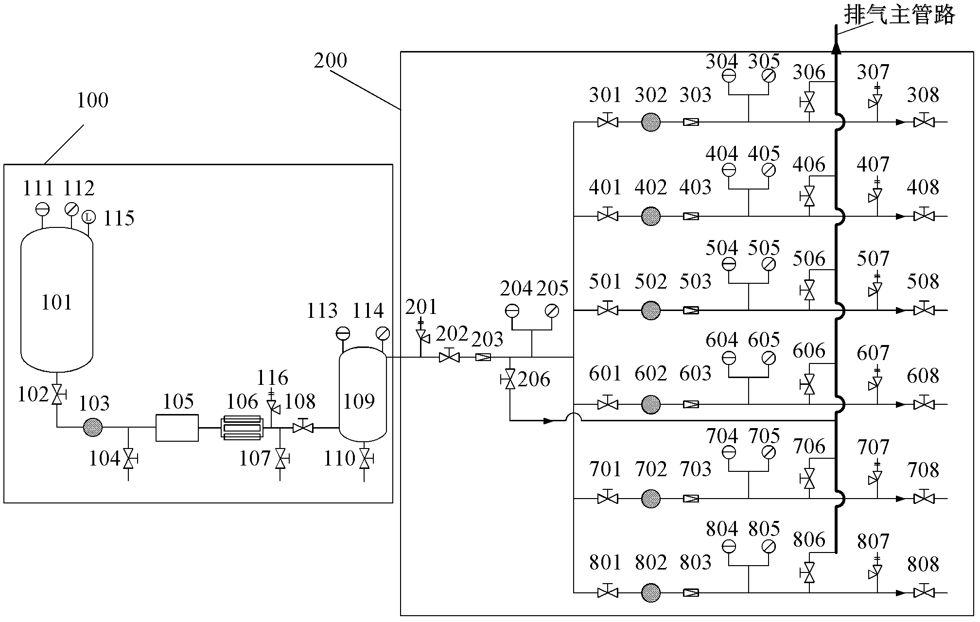 High-pressure and high-purity nitrogen distribution device for plume test platform and application method for device