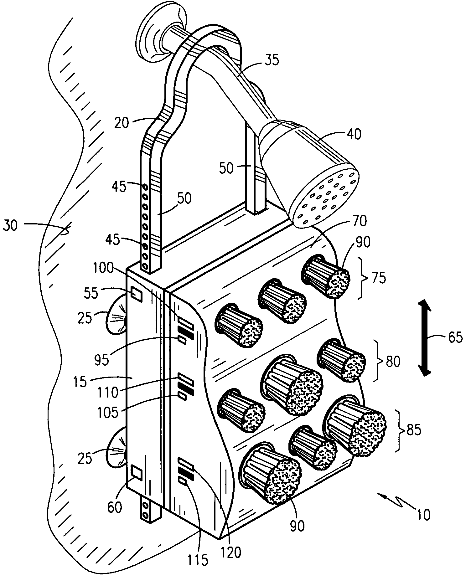 Shower mounted back cleansing and massaging apparatus