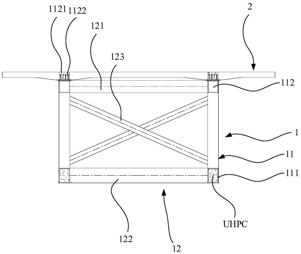 Steel truss-UHPC composite beam bridge hogging moment area structure and construction method