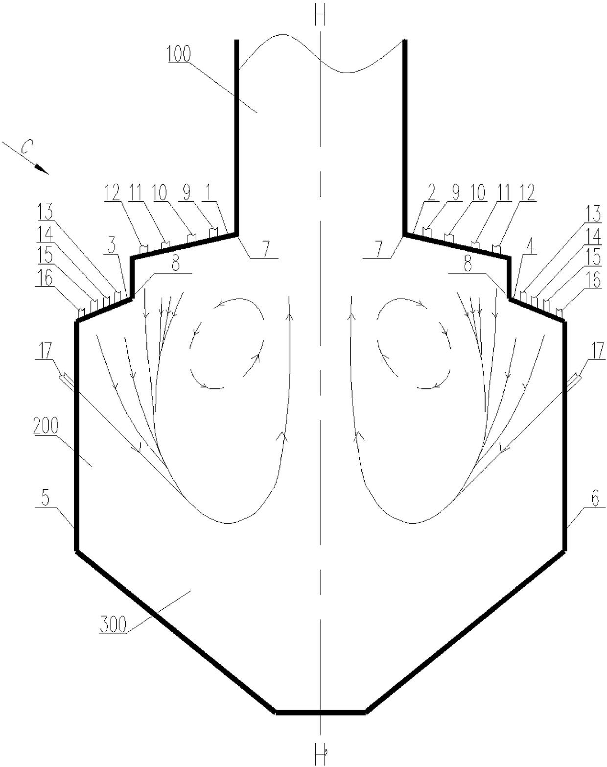 Four-arch W flame two-stage dense and thin combustion device