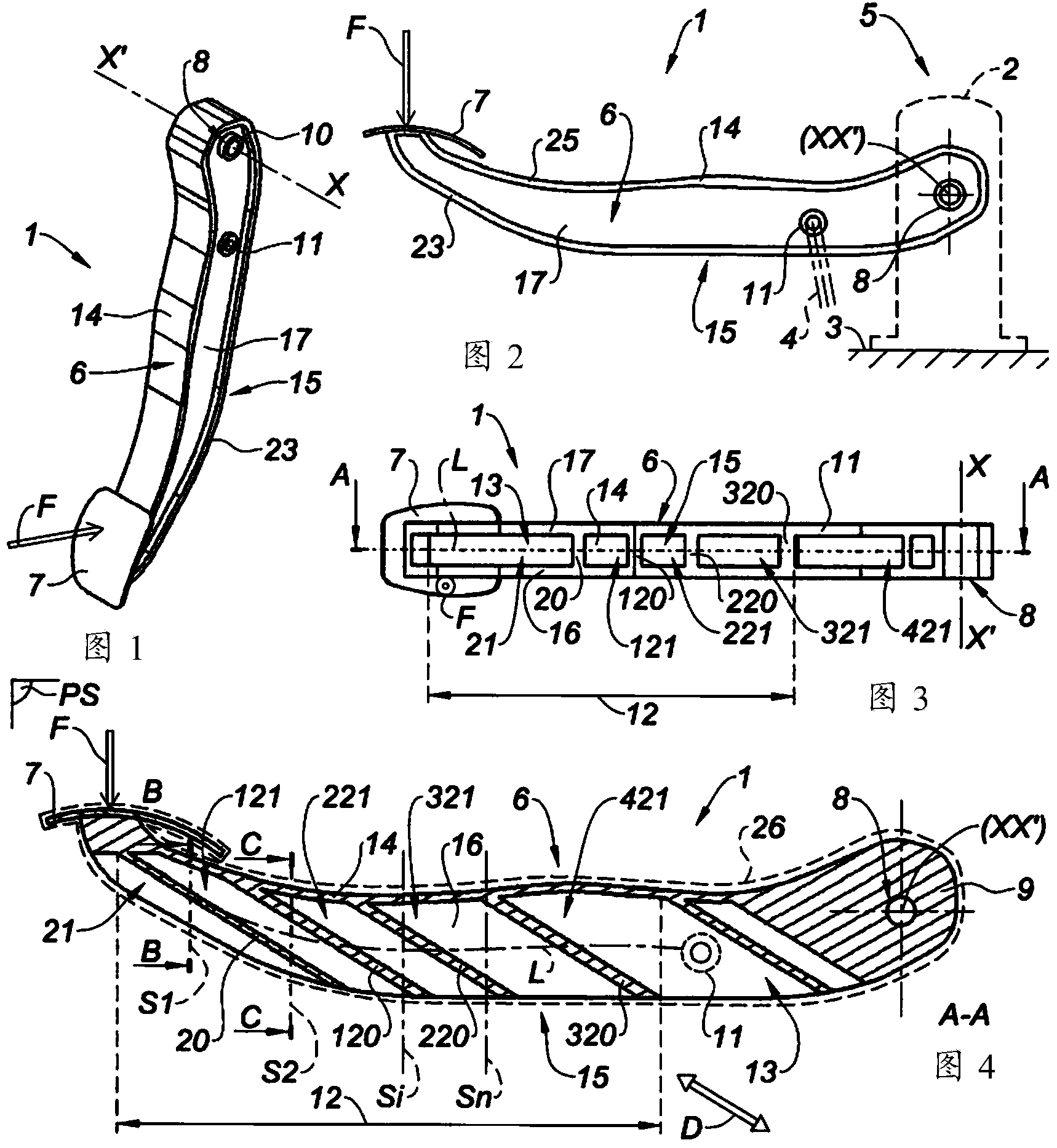 Pedal with a pi section provided with tilted ribs for reinforcement in torsion