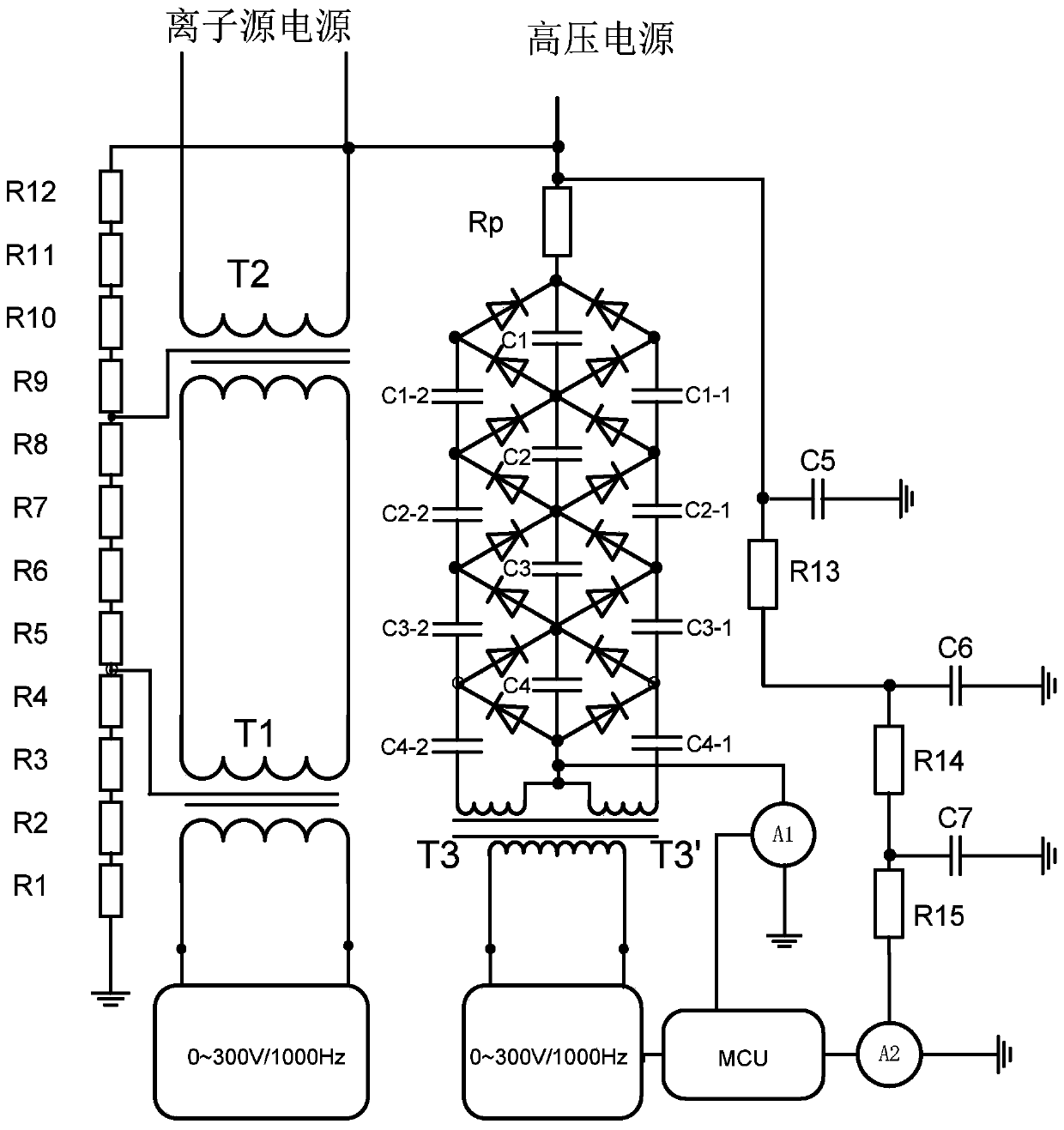 Compact integrated power supply device for ion accelerator