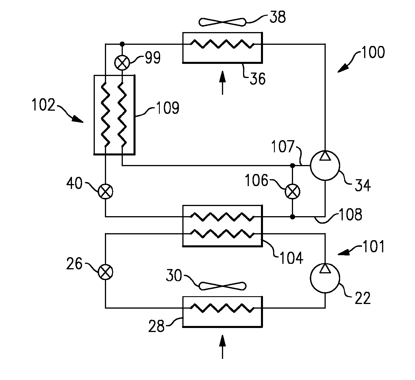 Refrigerant system with cascaded circuits and performance enhancement features