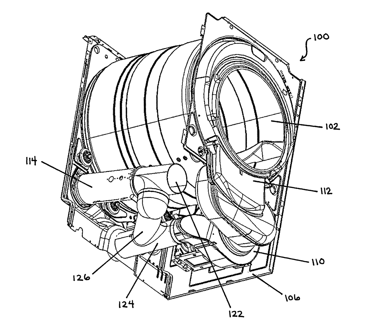 Dryer with air recirculation/heat exchange subassembly