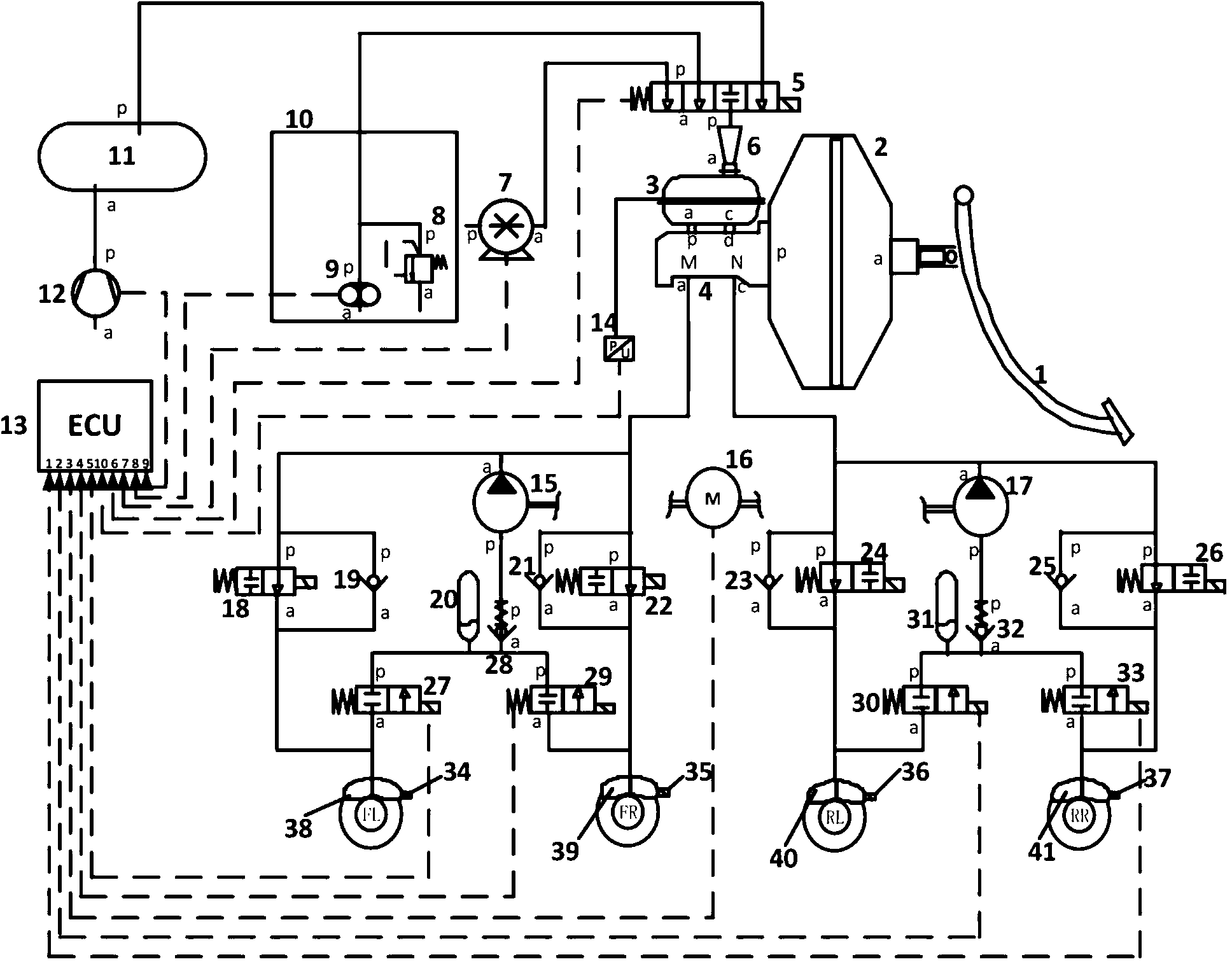 Exhaust gear applied to automotive hydraulic braking system and control method