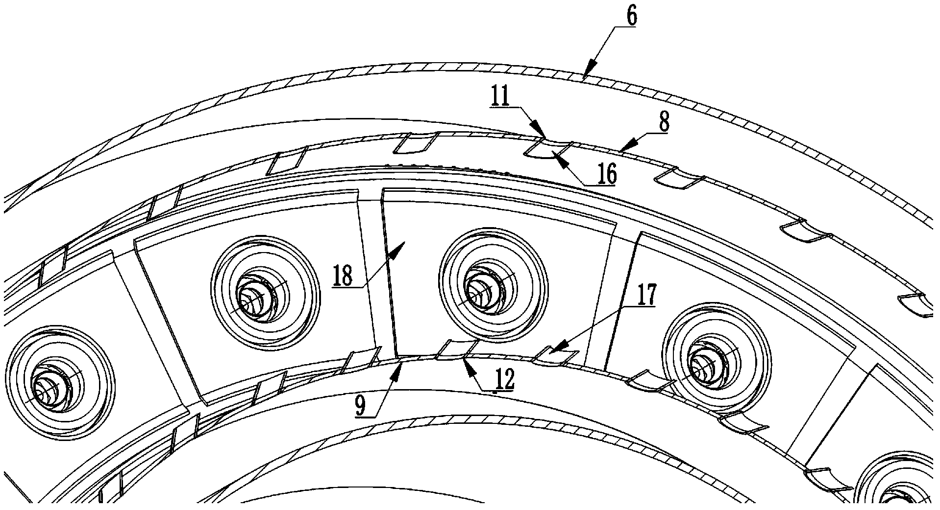 Beveling main combustion hole rotation aiding low-pollution backflow combustion chamber