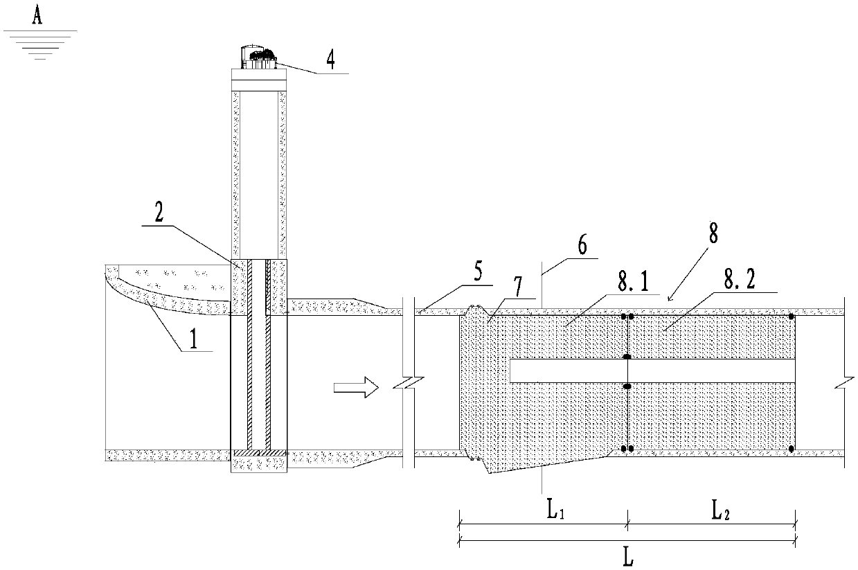 Flow guide tunnel by utilizing permanent plug head section joint gate opening and plugging arrangement and method