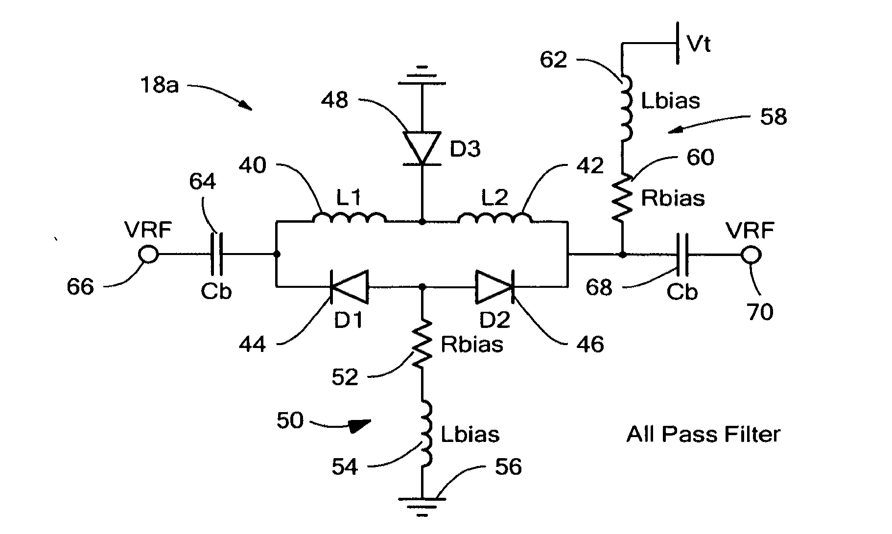 Absorptive tunable bandstop filter with wide tuning range and electrically tunable all-pass filter useful therein