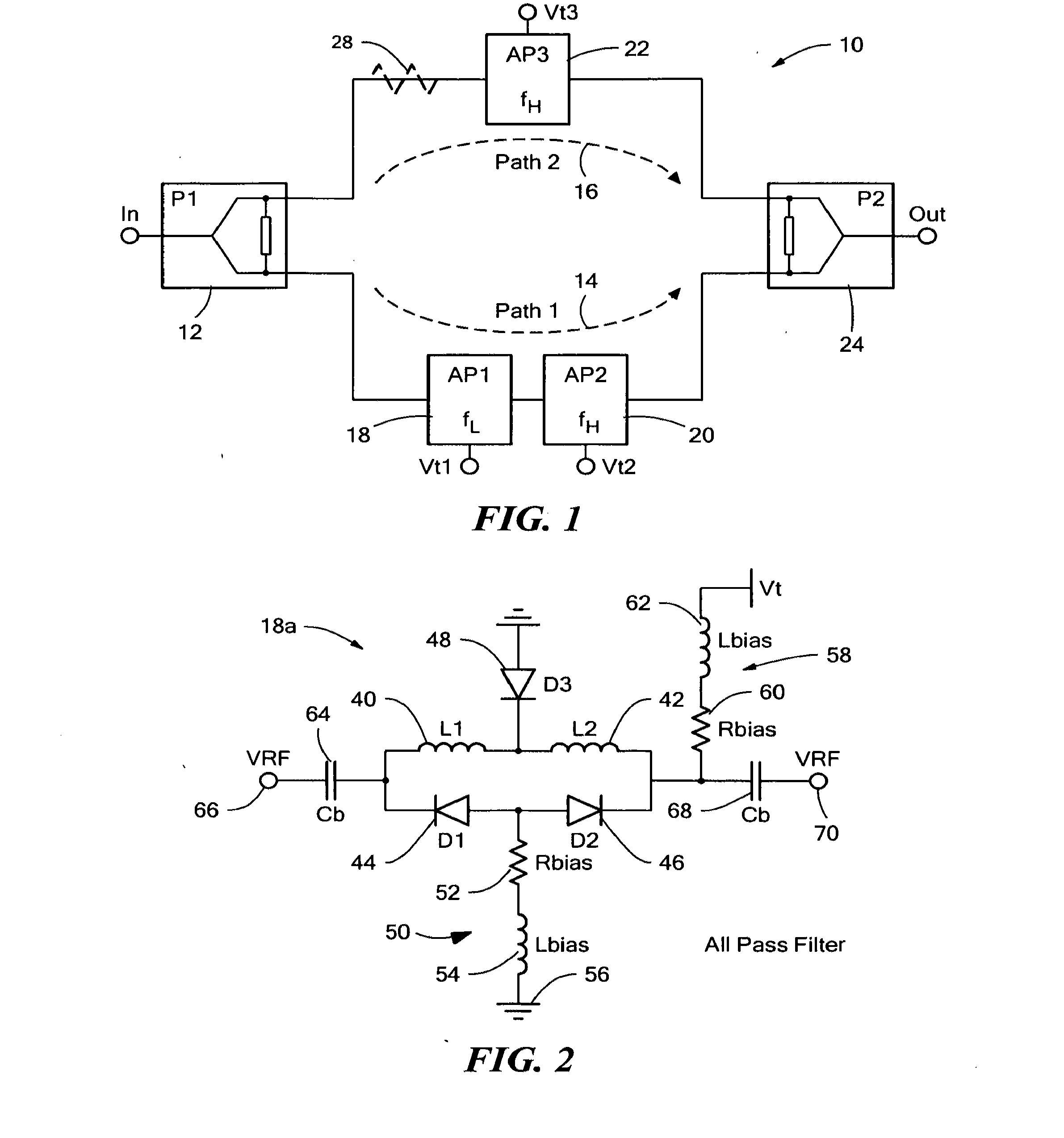 Absorptive tunable bandstop filter with wide tuning range and electrically tunable all-pass filter useful therein