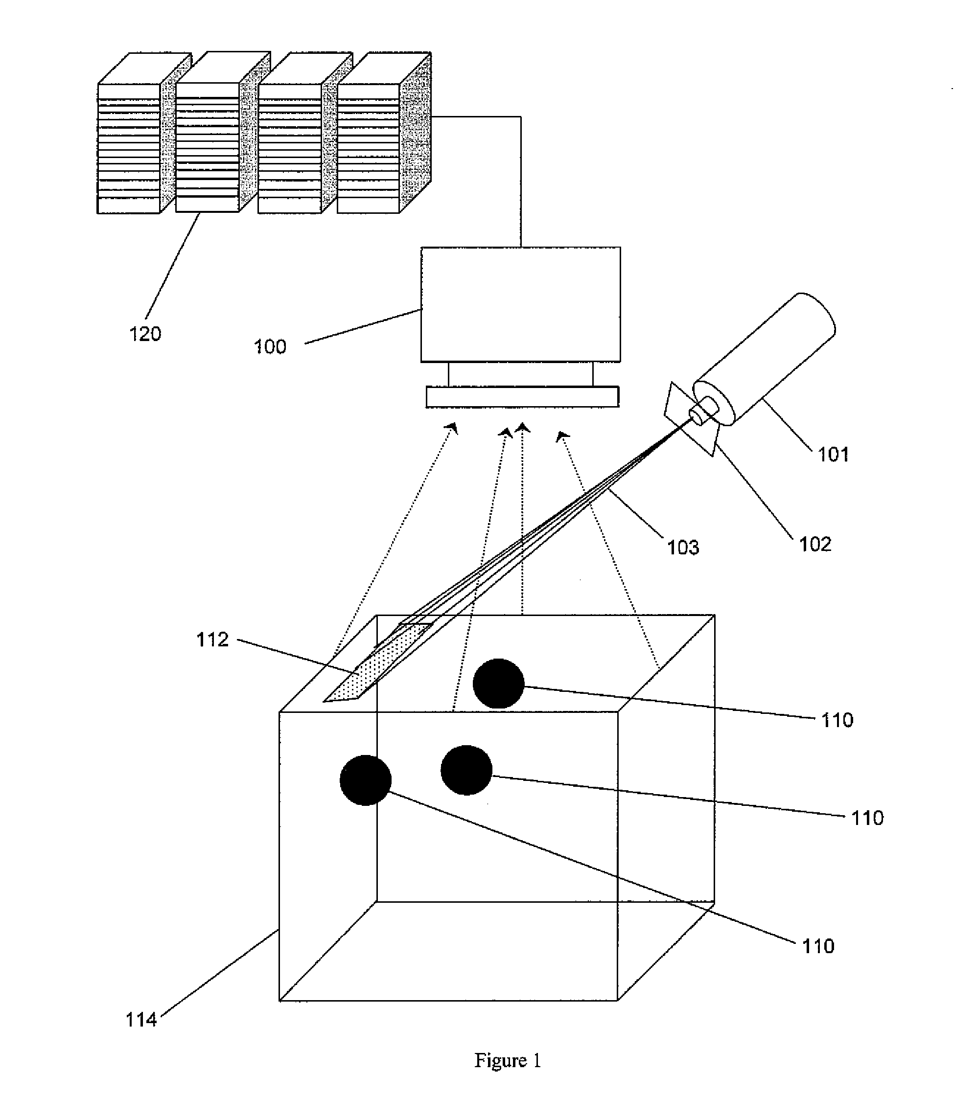 Method and System for Non-Contact Fluorescence Optical Tomography with Patterned Illumination