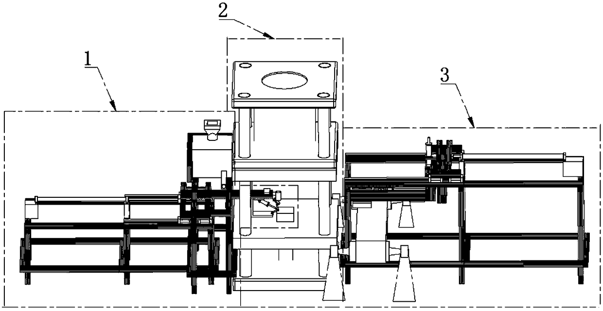 Automatic material feeding, taking and pressing production line for malleable material