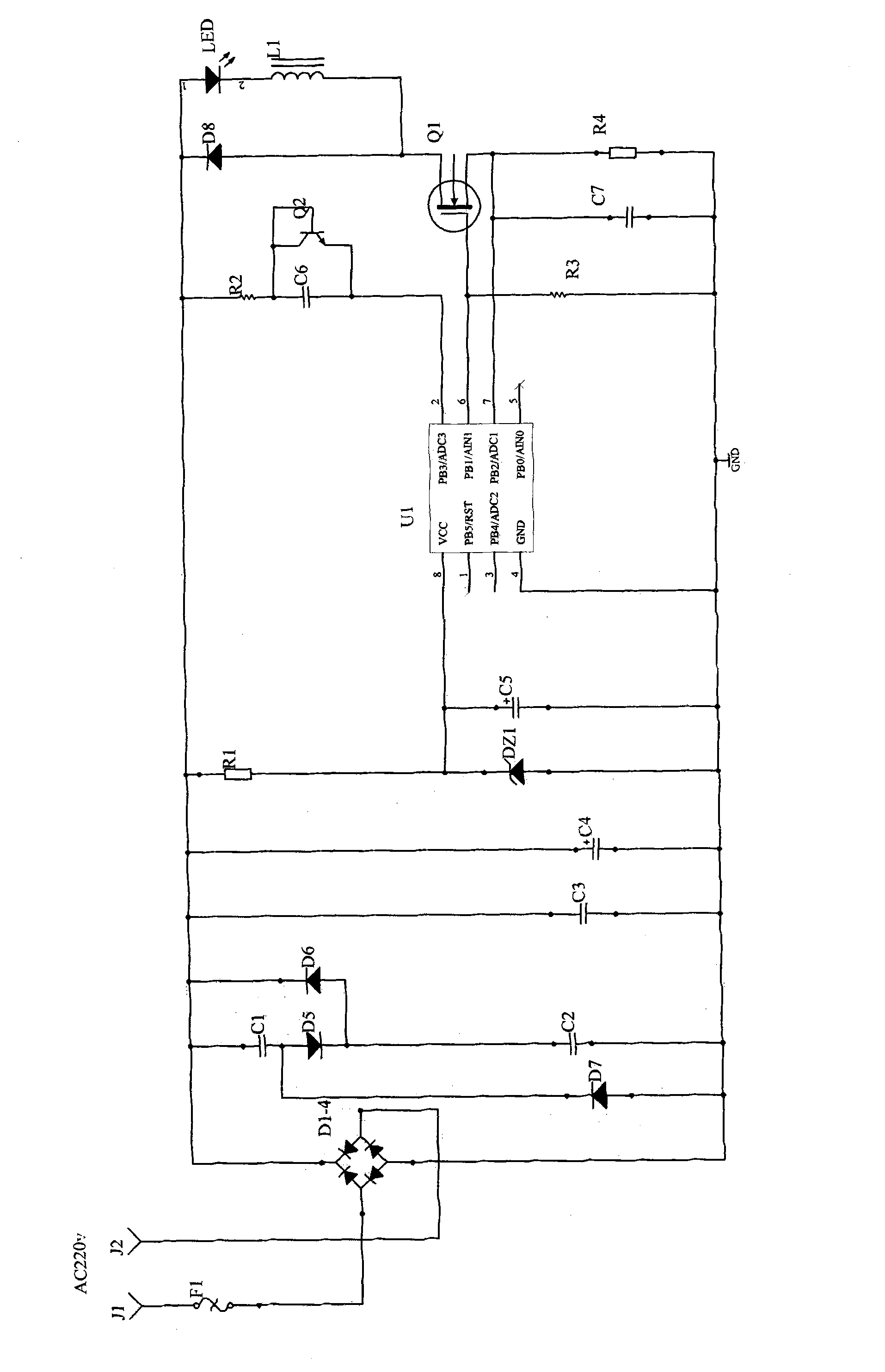 Alternating current large-power tricolor LED lighting energy-saving lamp of microcomputer