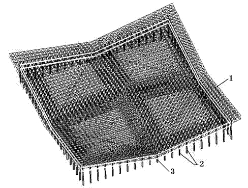 Super-large span peripheral simply-supported prestressed double-layer and three-layer combined torsional reticulated shell structure