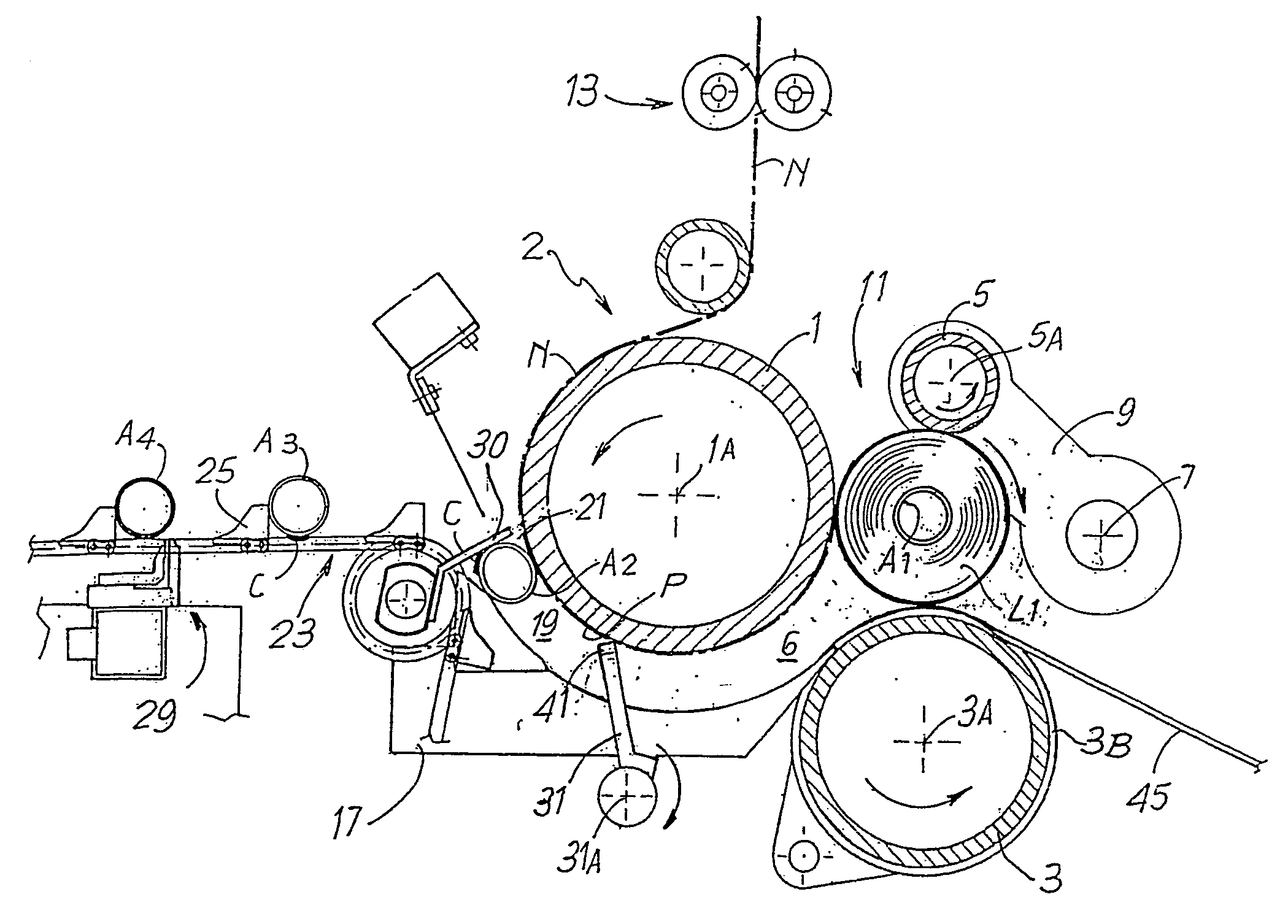 Rewinding machine with gluing device to glue the final edge of the log formed and relative winding method