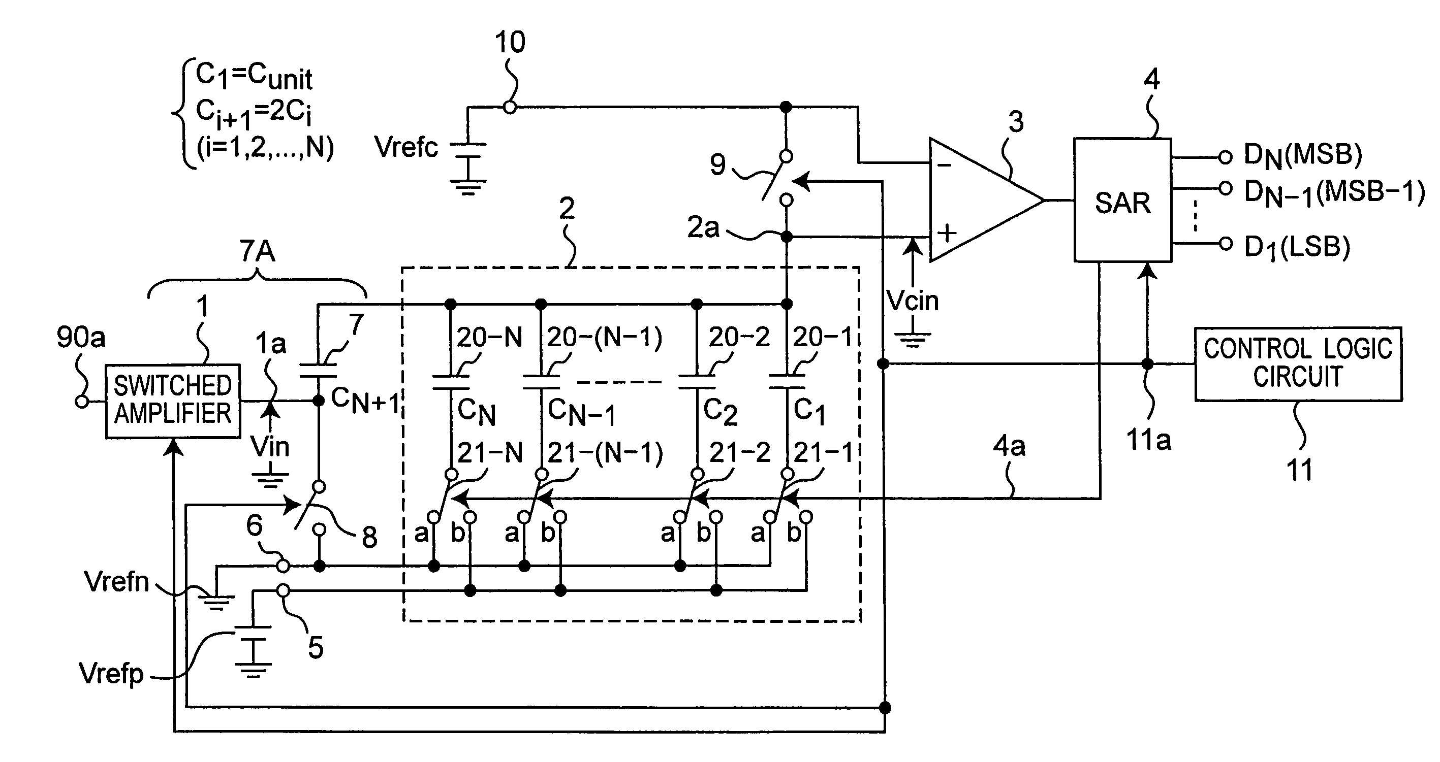 Analog to digital converter circuit of successive approximation type operating at low voltage