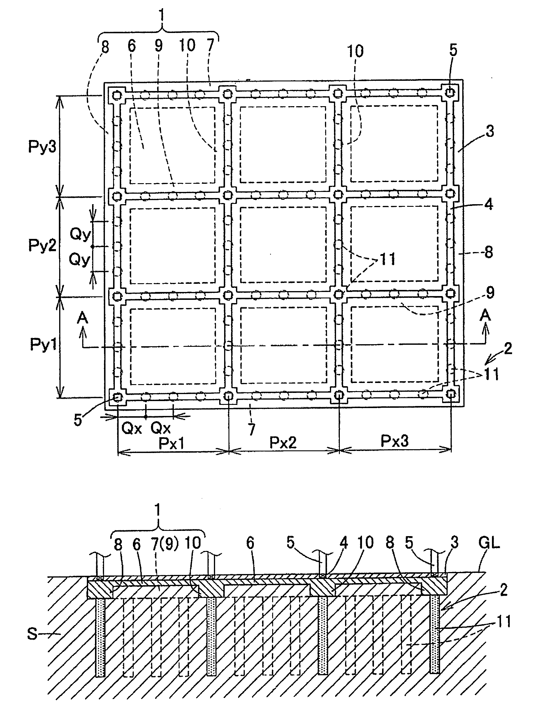 Building foundation structure formed with soil improving body and raft foundation and construction method for soil improvement and raft foundation