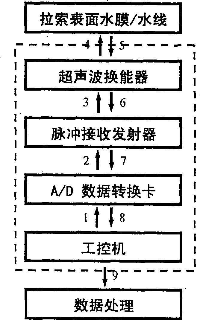 Ultrasonic thickness measurement system for aqueous film/water line at surface of staying cable