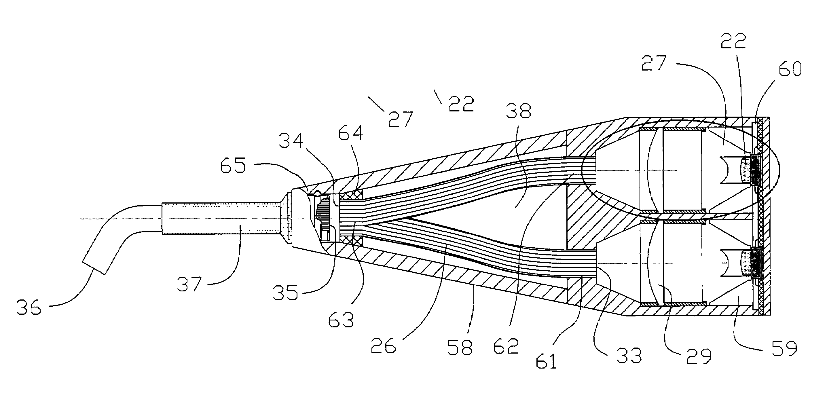 Curing light with engineered spectrum and power compressor guide