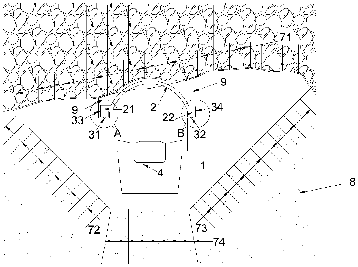 Open cut tunnel structure of simply supported arch of tunnel traversing huge karst cave and construction method thereof