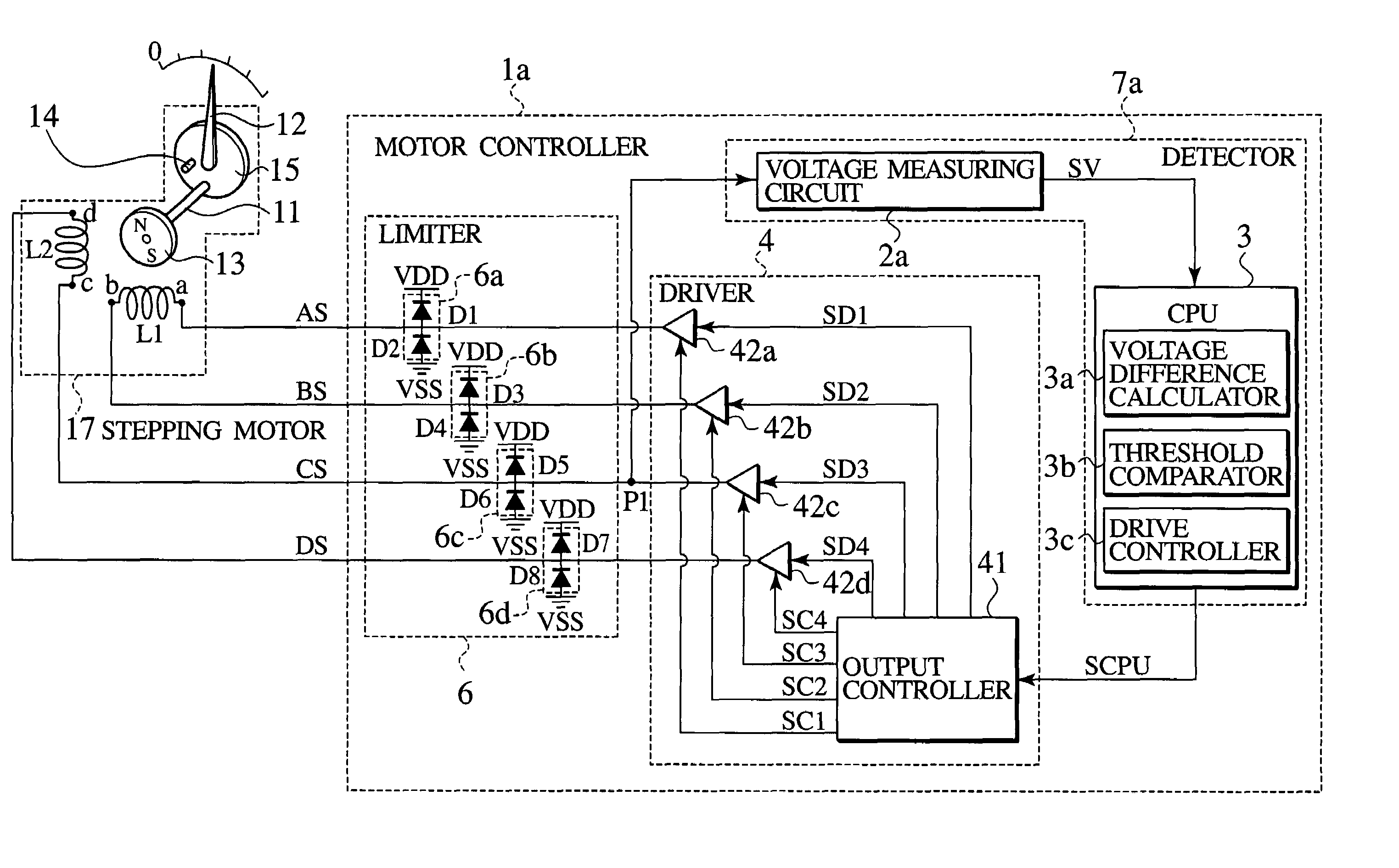 Motor controller, semiconductor integrated circuit, indicating instrument and method for controlling a motor