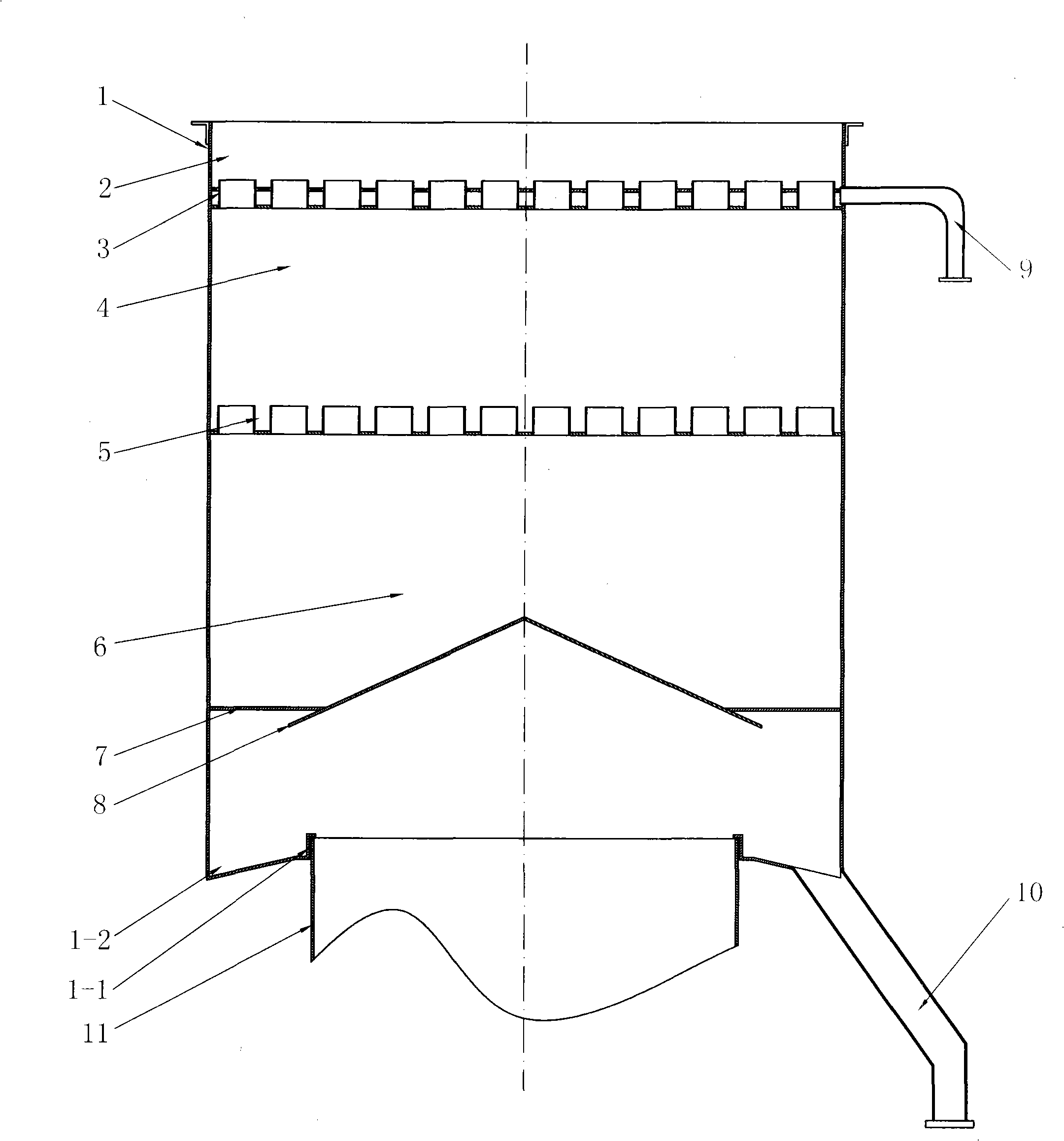 Water film dust removing and desulferizing device for furnace cupola