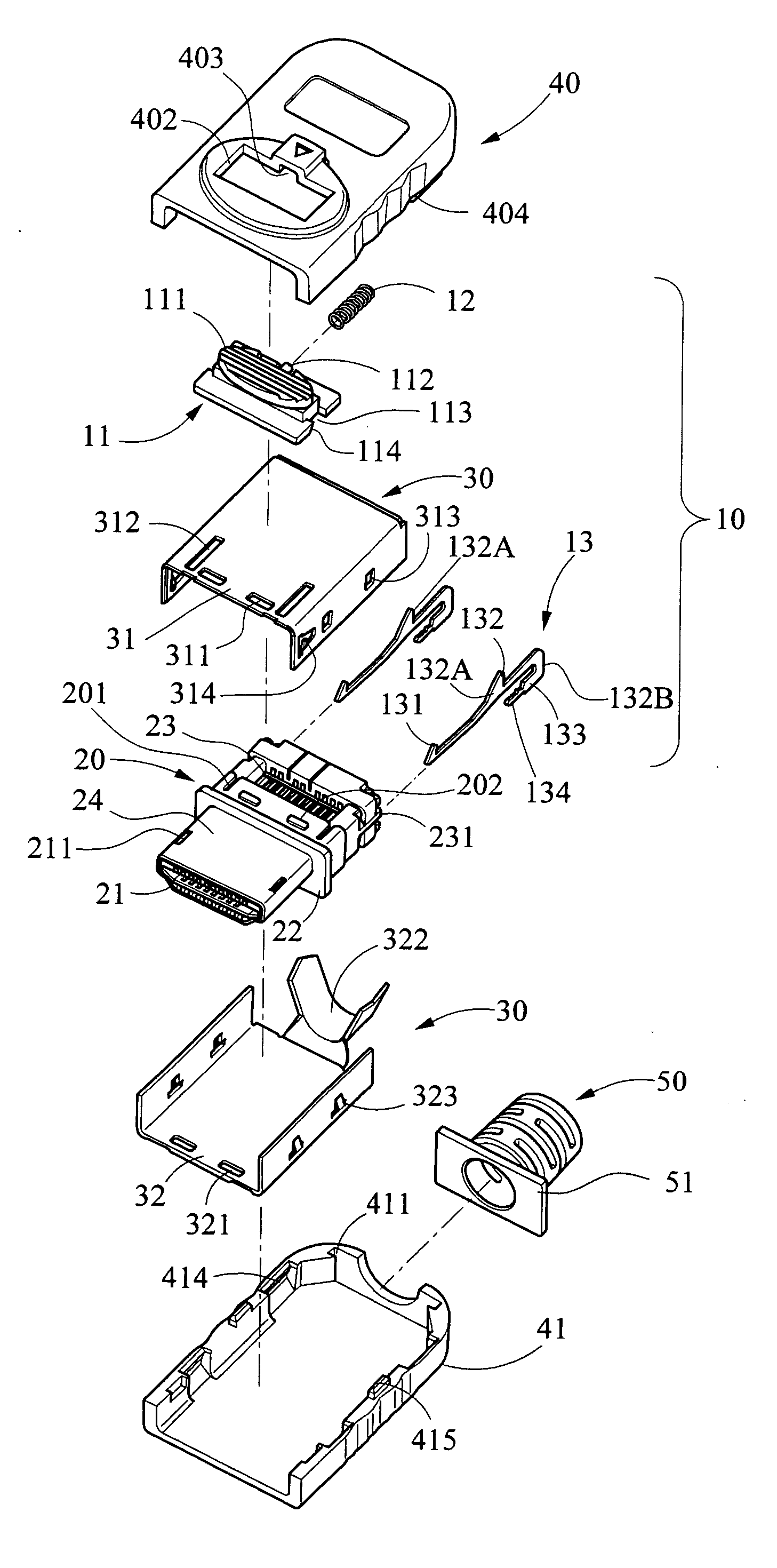 Electrical connector with a spring push button for disengagement with jack