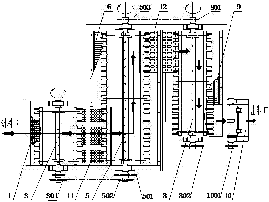 Stepped type cross flow cutting multi-roller threshing separating and cleaning device