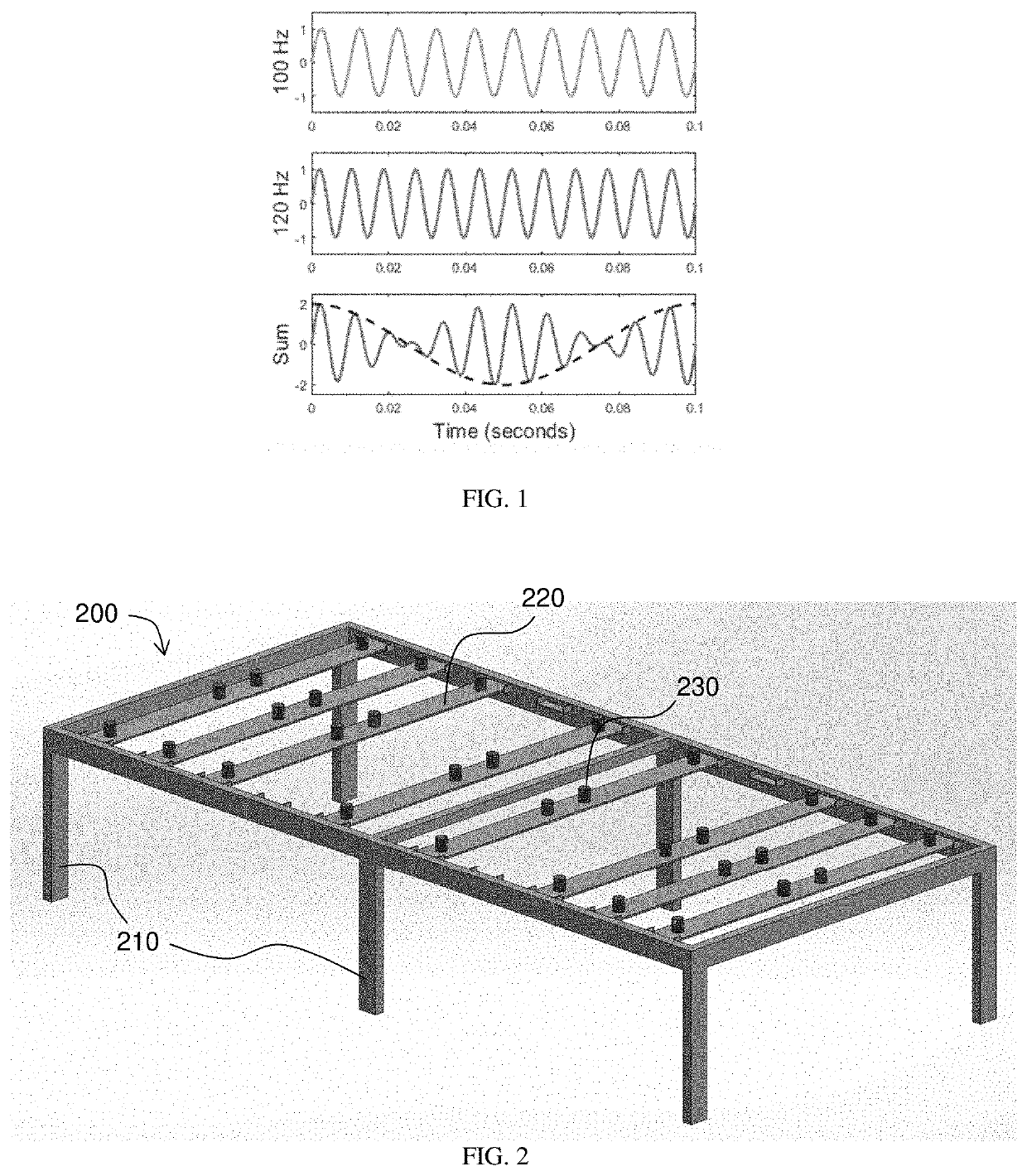 Device and method to induce vibrational waveforms that heterodyne in the body to improve sleep onset and sleep quality