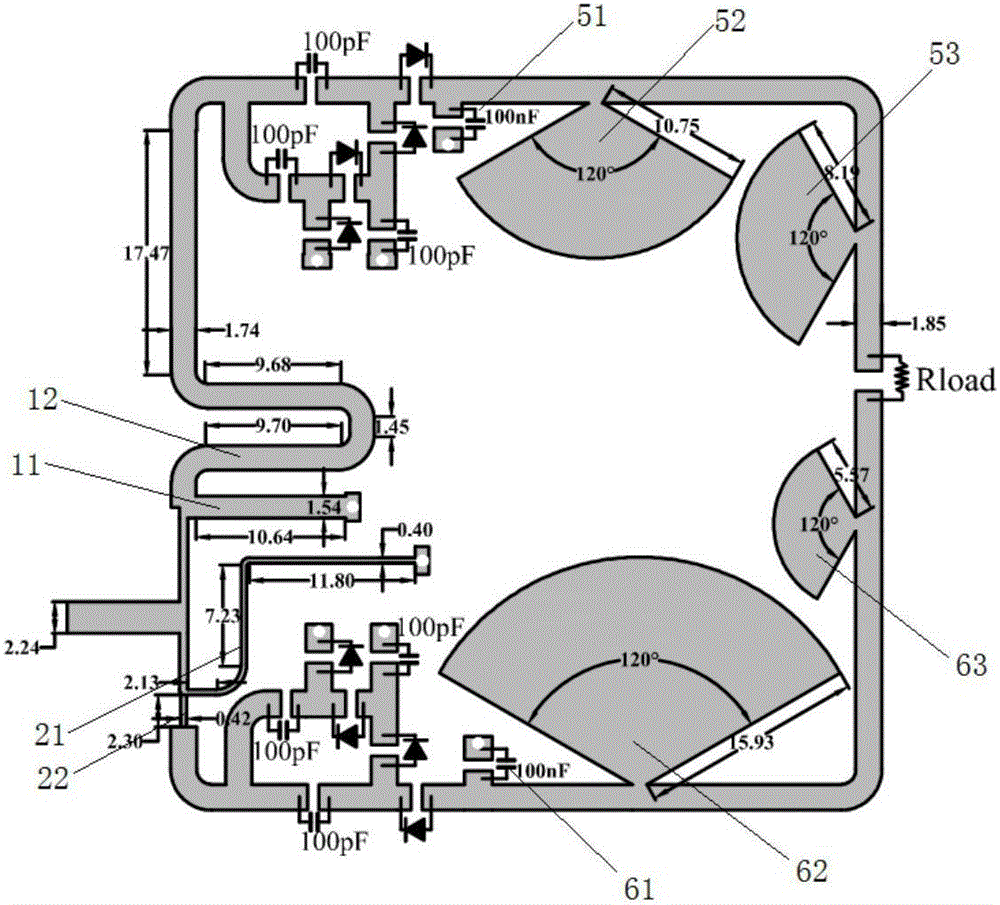 Radiofrequency rectifying circuit of double-frequency double-branch structure