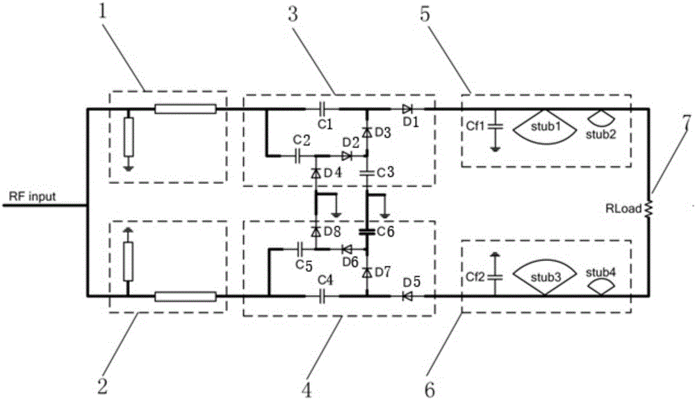 Radiofrequency rectifying circuit of double-frequency double-branch structure