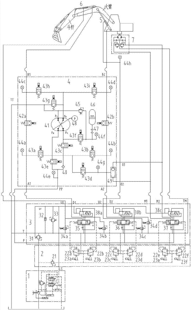 Energy-saving device based on hydraulic energy recovery of four-way hydraulic transformer, for single-pump excavator