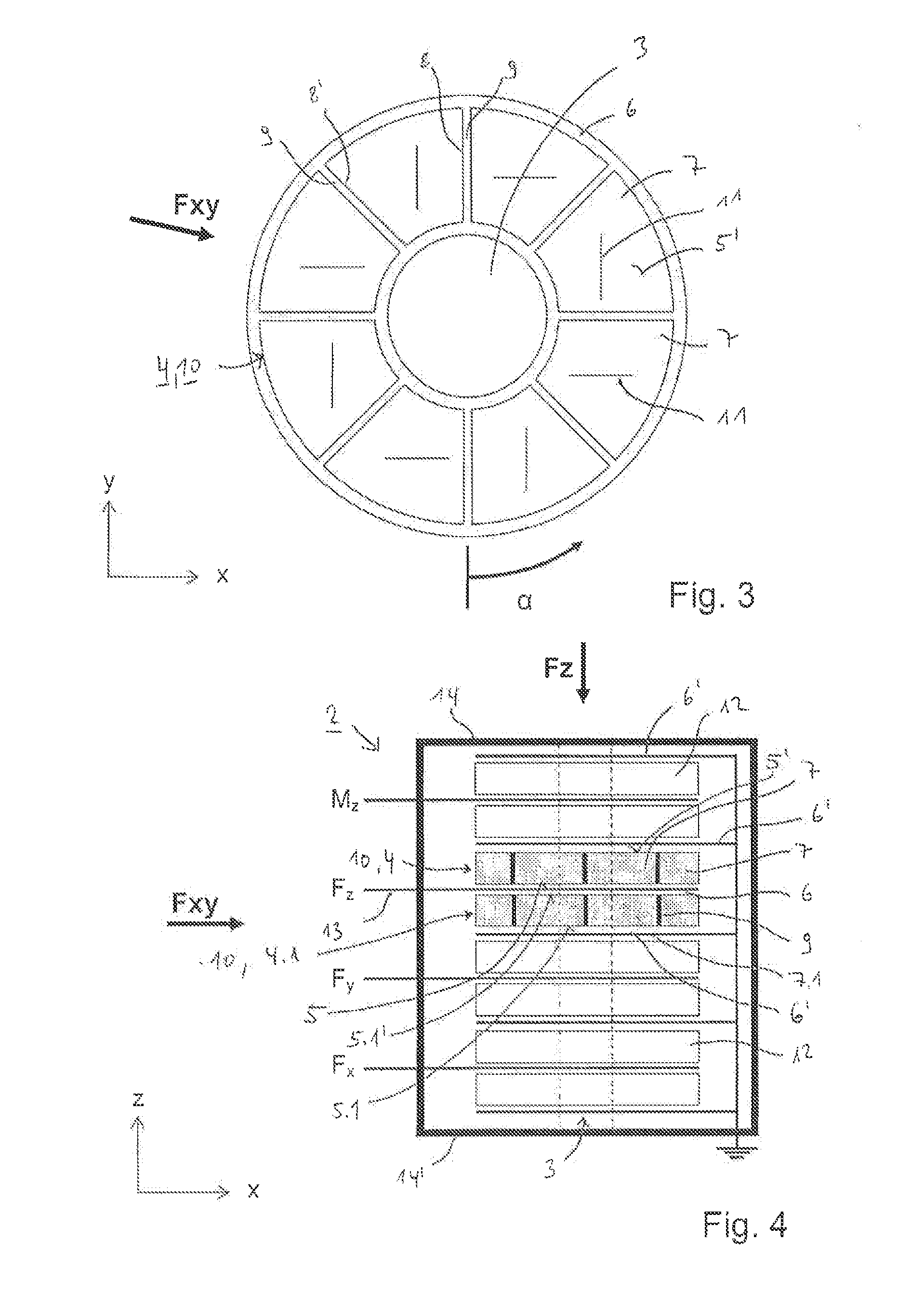 Measuring element, measuring body and measuring arrangement for measuring a force, and use of such a measuring body