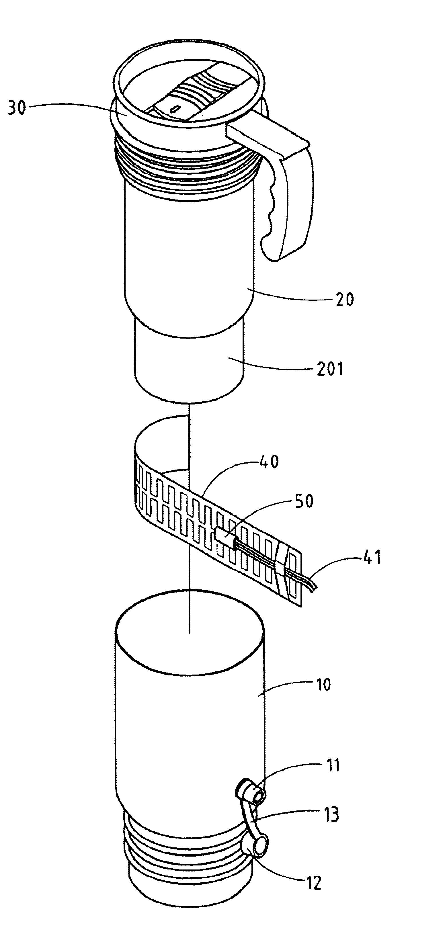 Built-in electric heating structure for a travel mug or thermos bottle