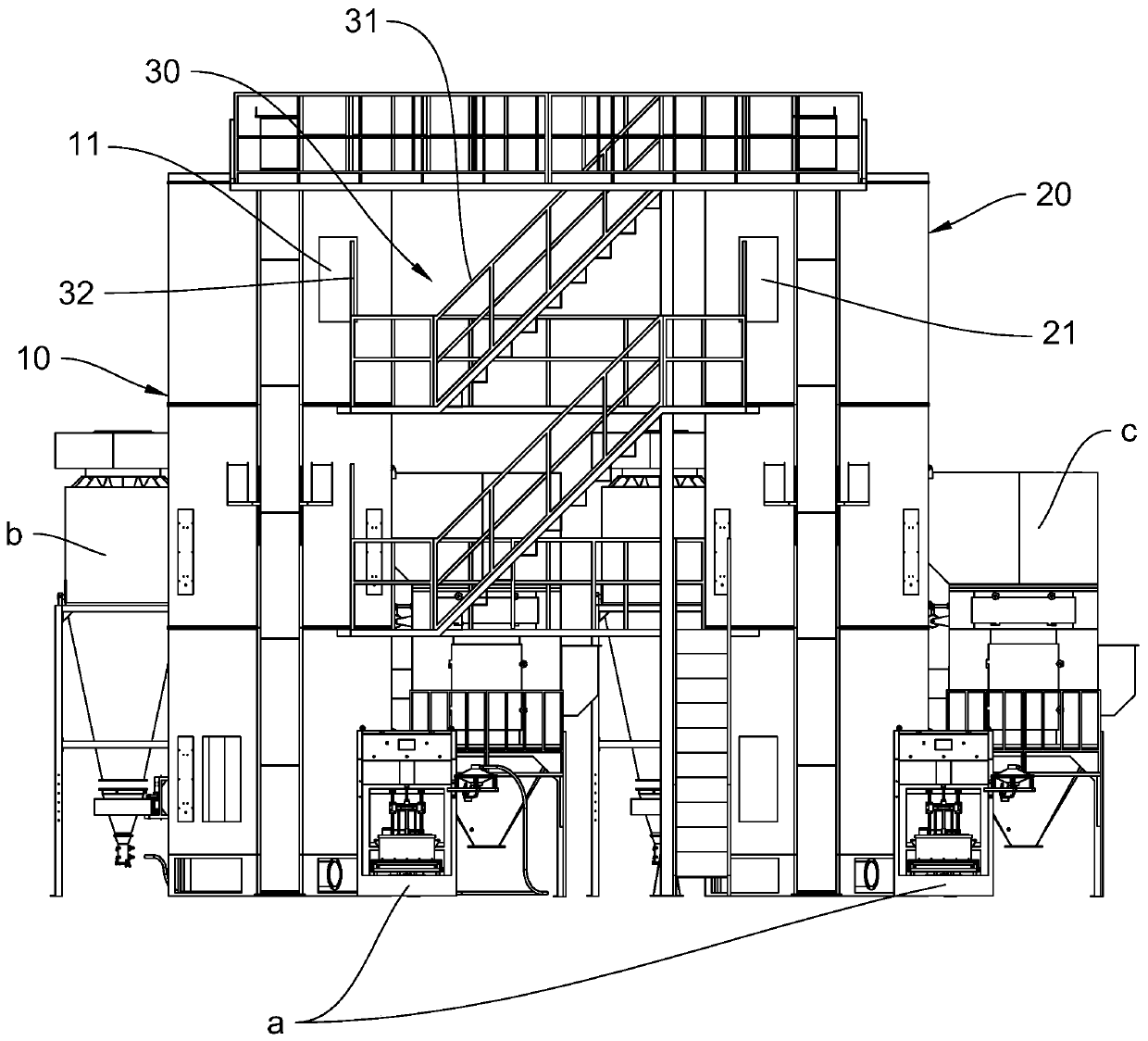 Vertical spraying system with two powder rooms