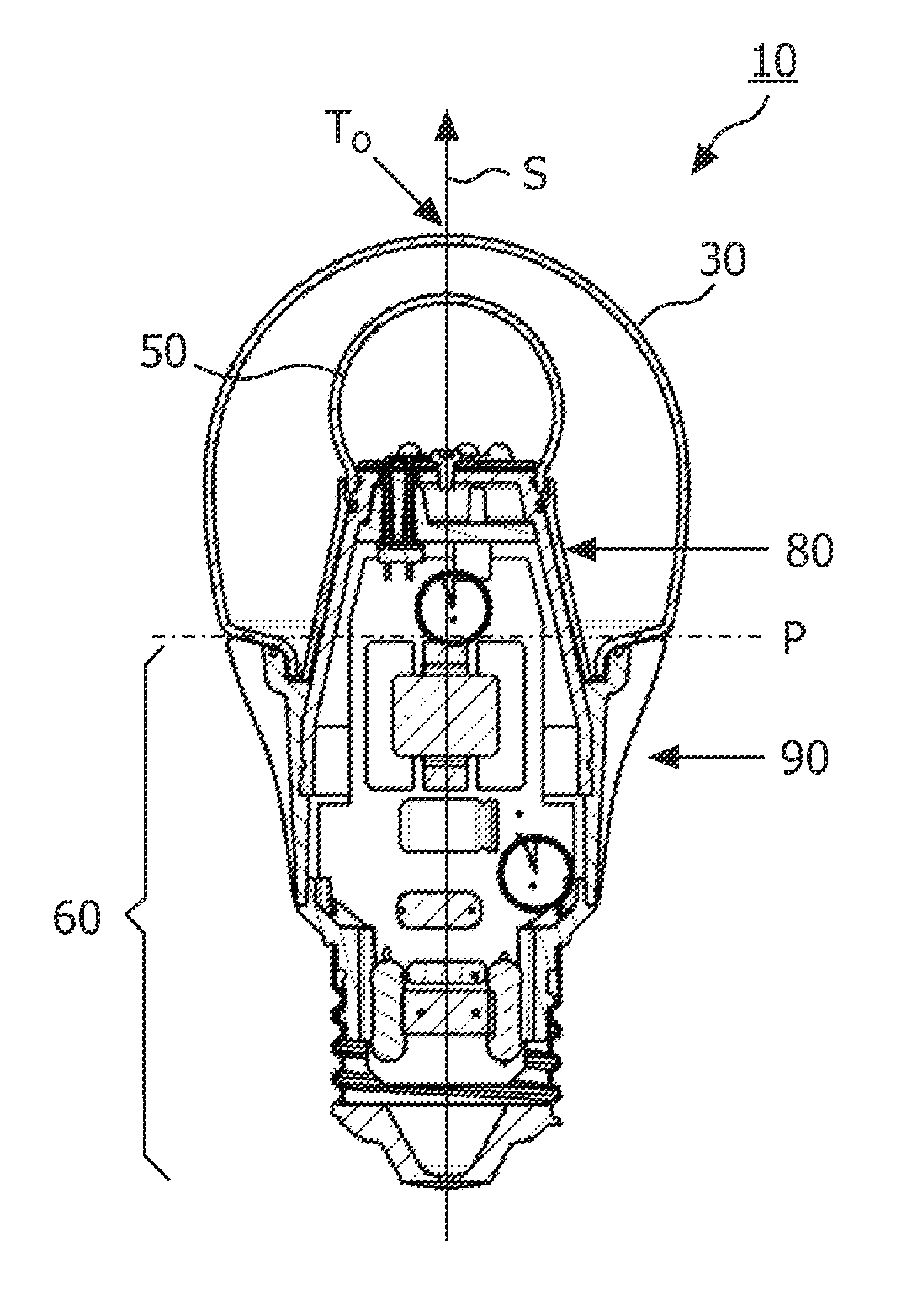 Light source comprising a light emitter arranged inside a translucent outer envelope