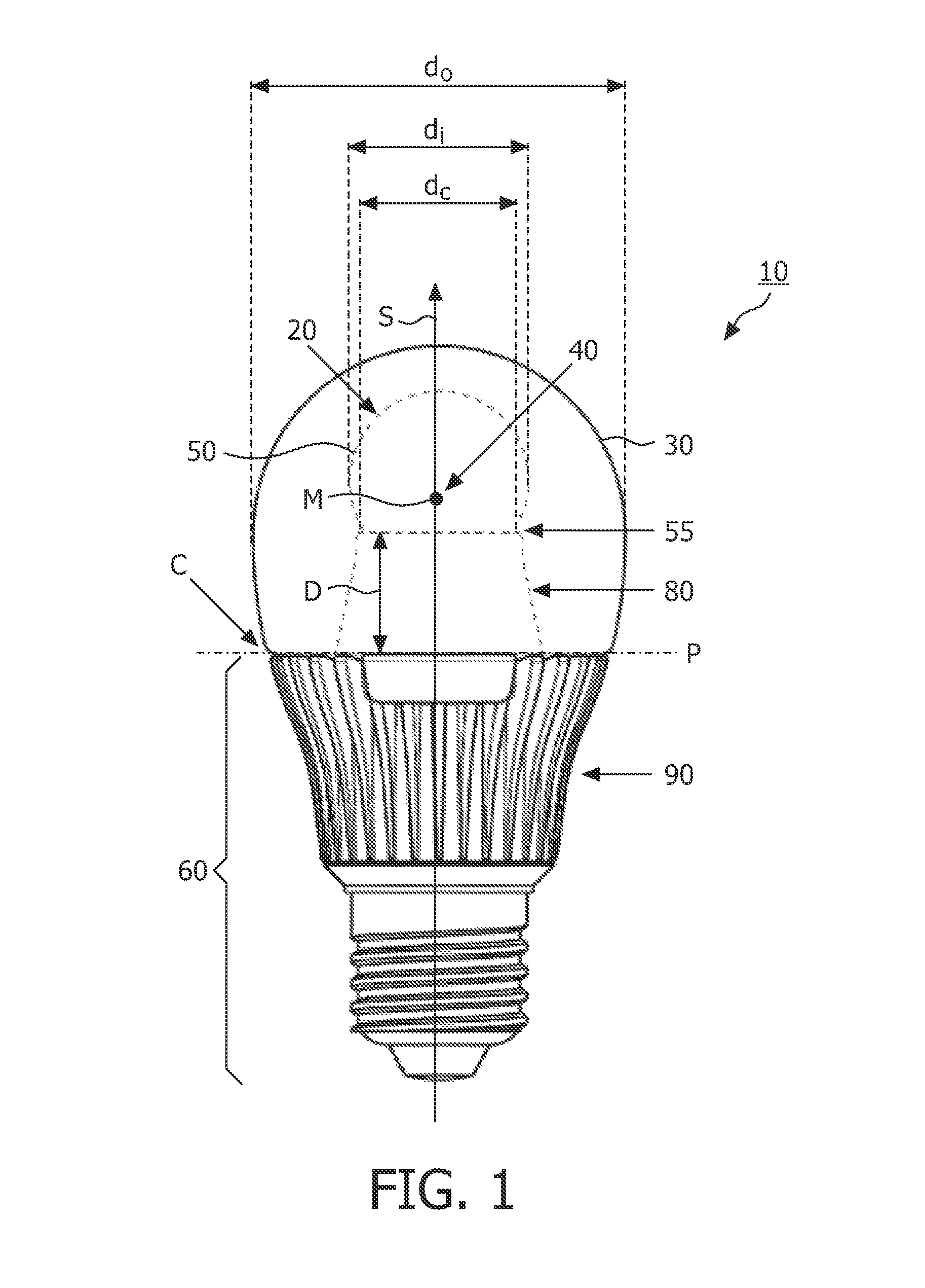 Light source comprising a light emitter arranged inside a translucent outer envelope