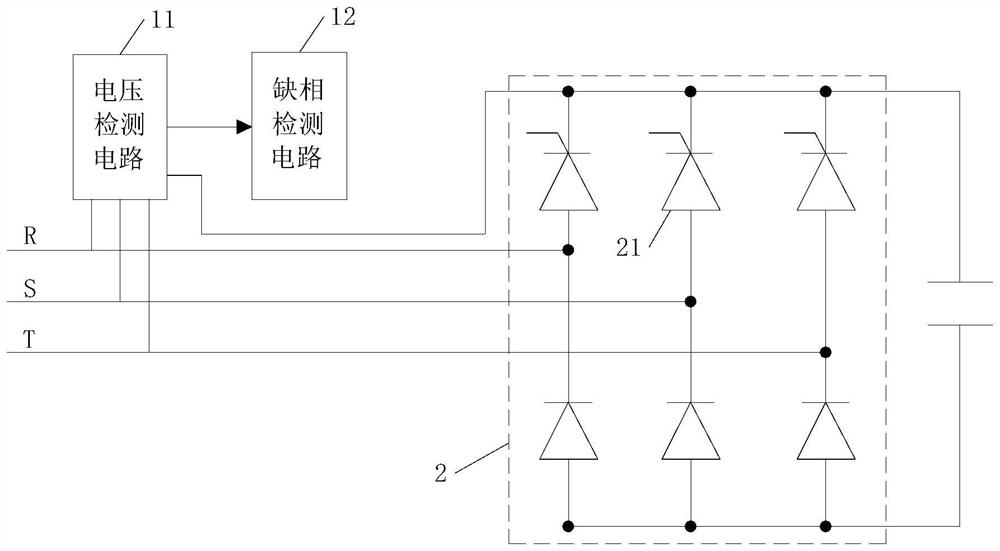 Power grid open-phase detection device and method for controlling switch tube in rectifier bridge