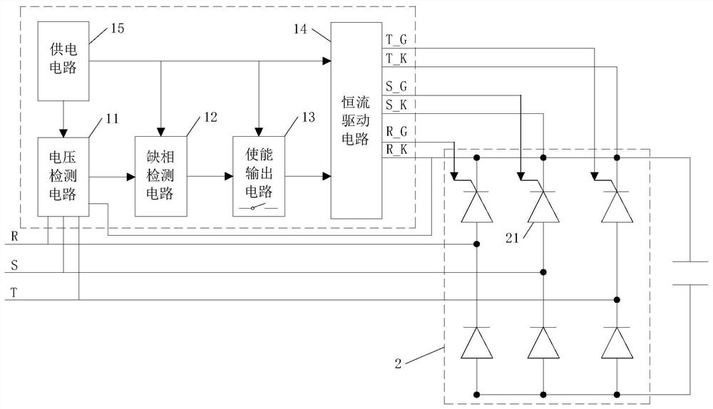 Power grid open-phase detection device and method for controlling switch tube in rectifier bridge