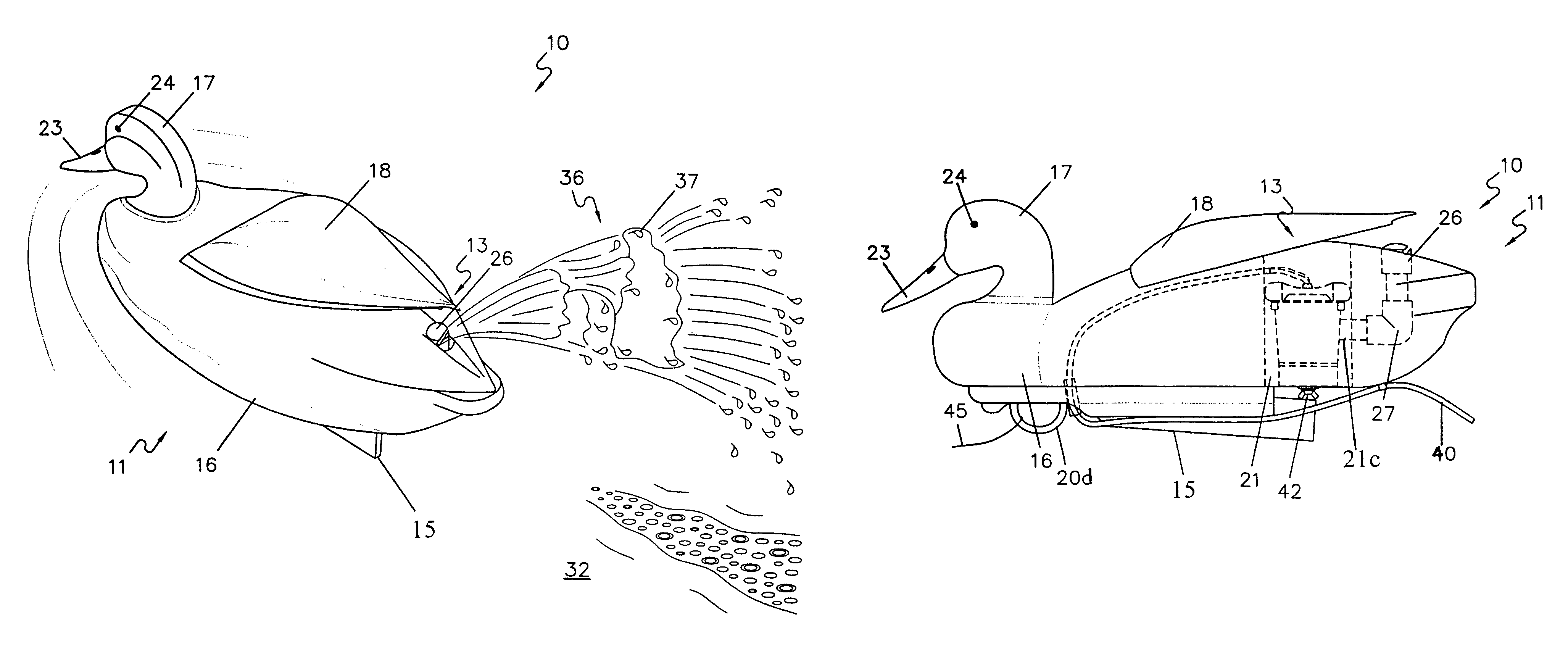 Swimming waterfowl decoy with spray