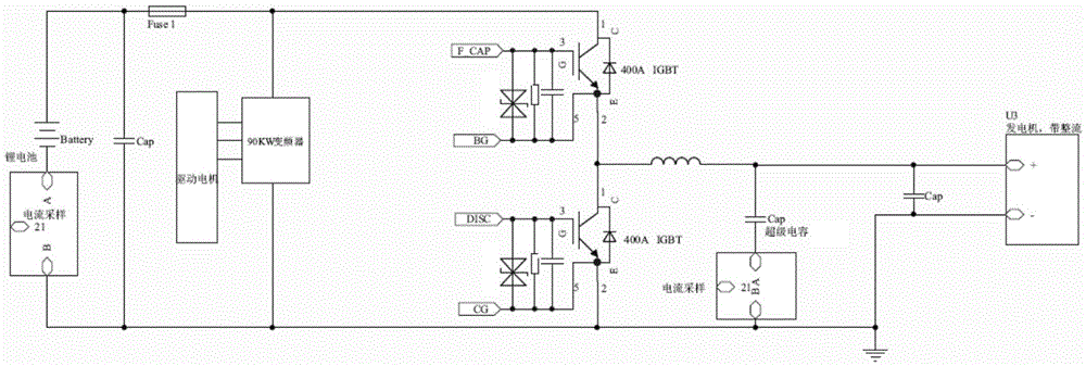 Hybrid electric bus supercapacitor and lithium battery parallel circuit