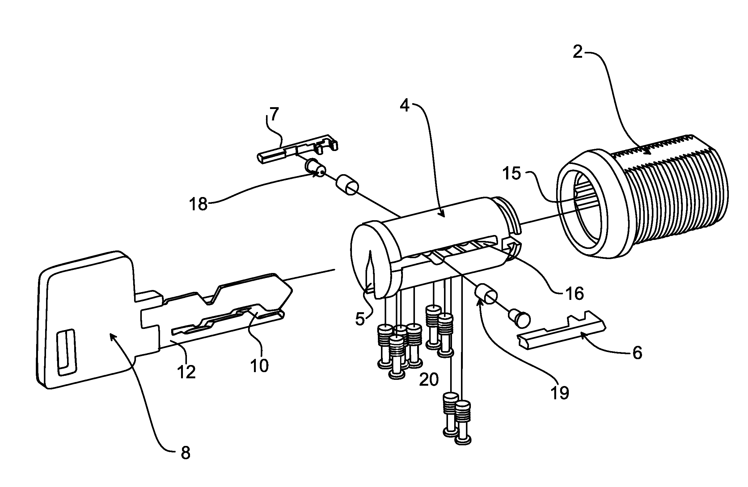 Cylinder Lock with Side Bar and Side Pins, Key and Lock Assembly