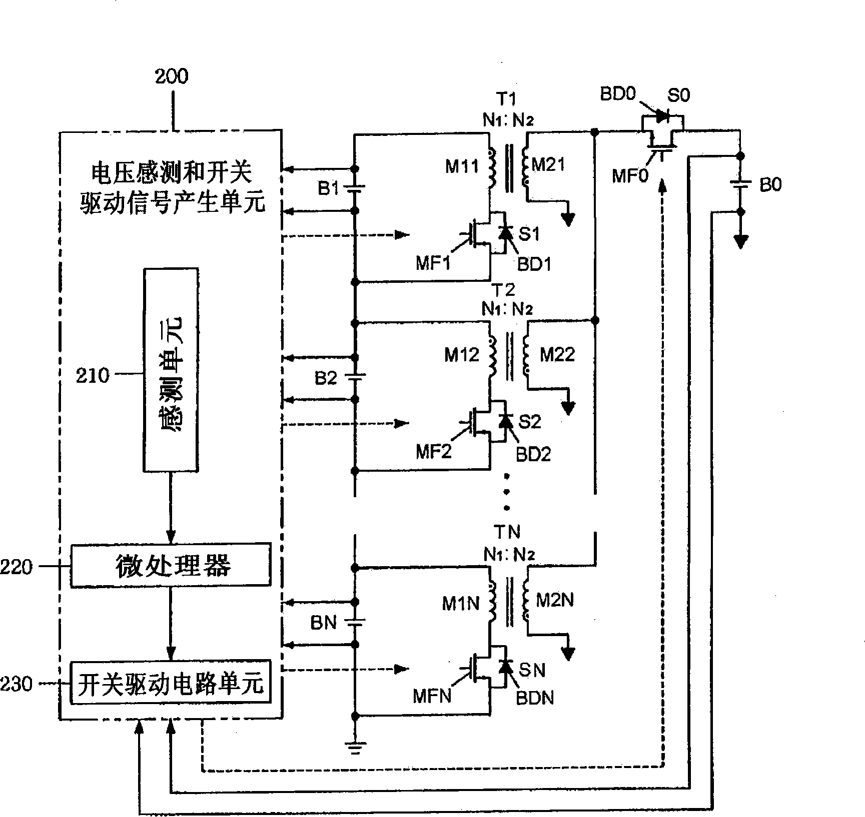 Charge equalization apparatus with parallel connection of secondary windings of multiple transformers