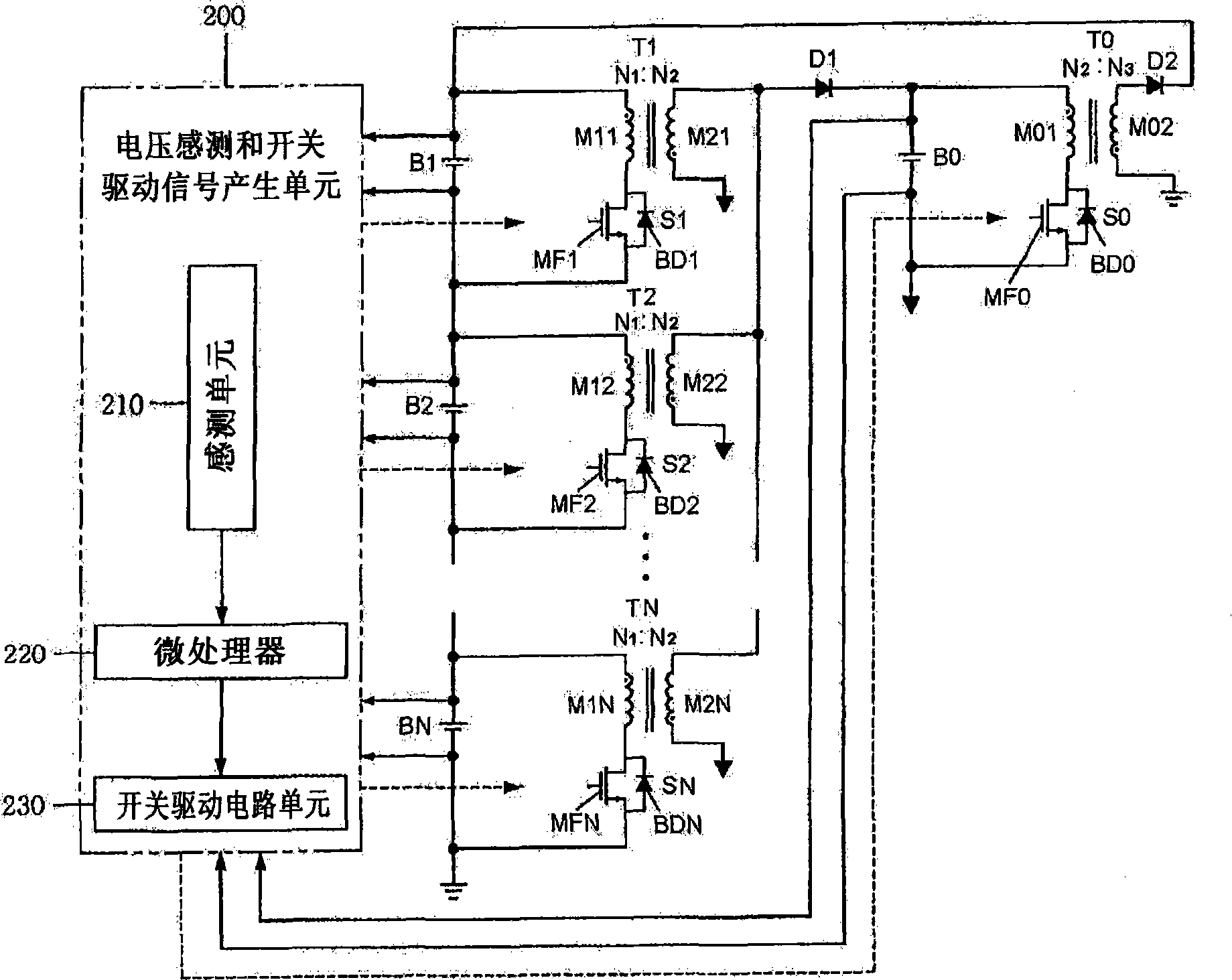 Charge equalization apparatus with parallel connection of secondary windings of multiple transformers