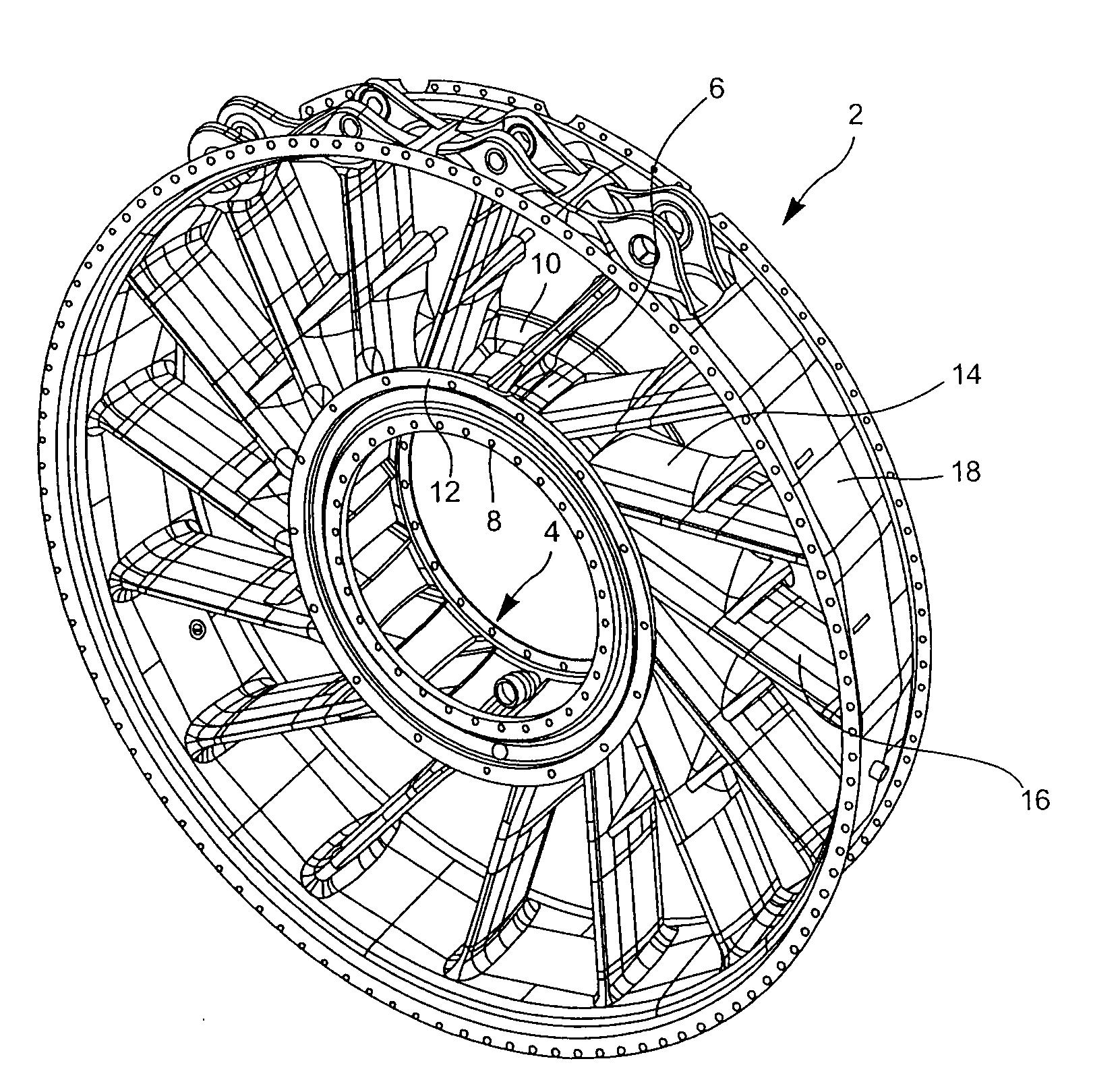 Exhaust casing hub comprising stress-distributing ribs