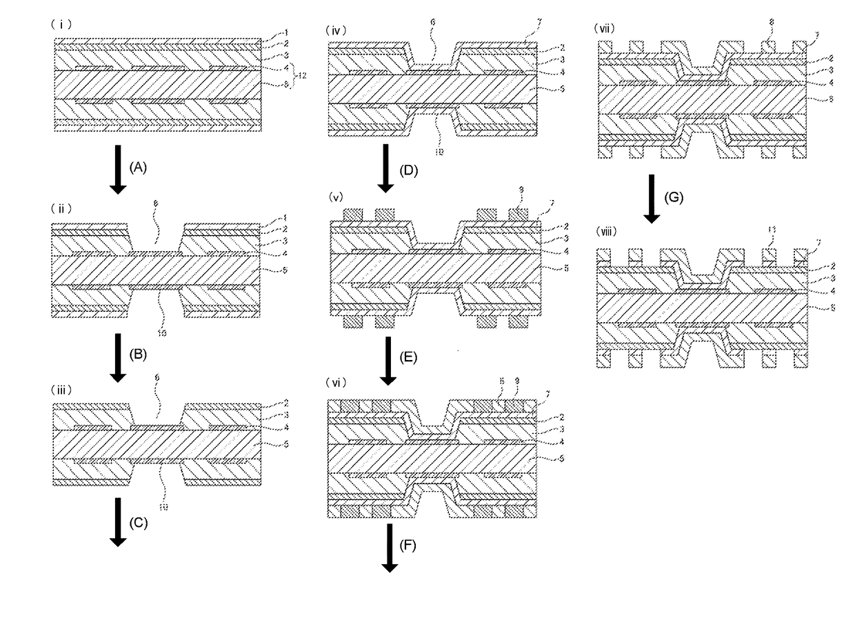 Multilayer printed wiring board production method, adhesive layer-equipped metal foil, metal-clad laminate, and multilayer printed wiring board