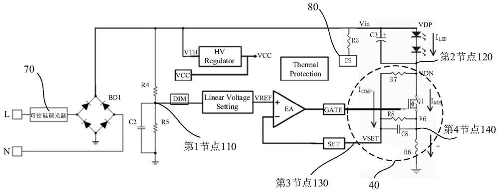 A LED lighting drive current linear adjustment and dimming control circuit