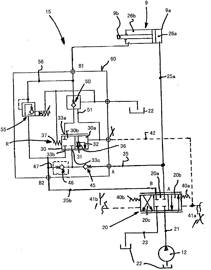 Control valve device of double-acting arm cylinder for operating mobile working machine