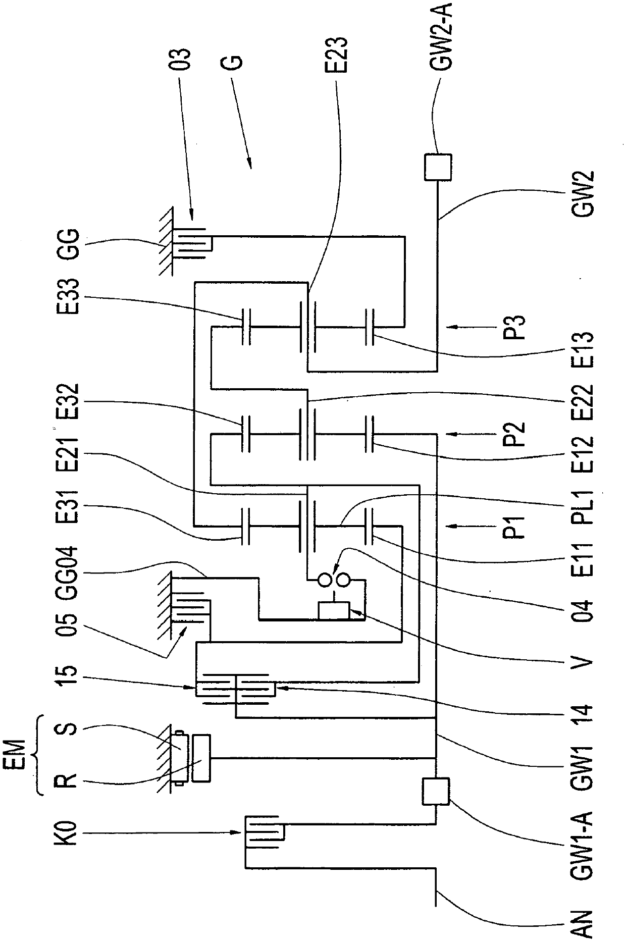 Transmission for a hybrid vehicle, drive train for a hybrid vehicle having such a transmission, and method for starting up a hybrid vehicle